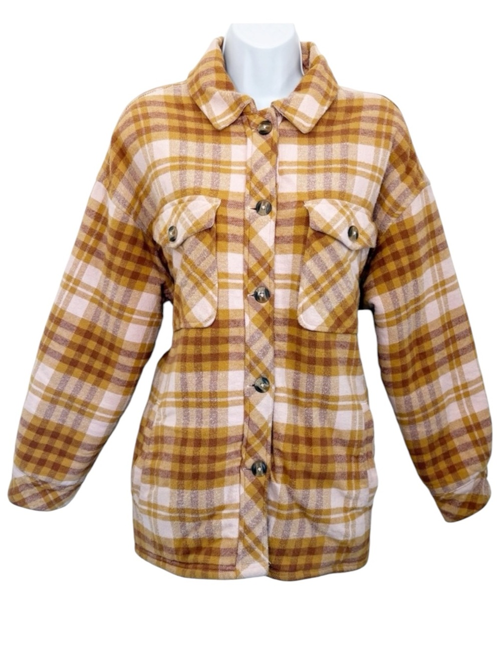 AERIE Plaid Sherpa Lined Oversized Shacket Mustard Brown Flannel M Fall Cozy
